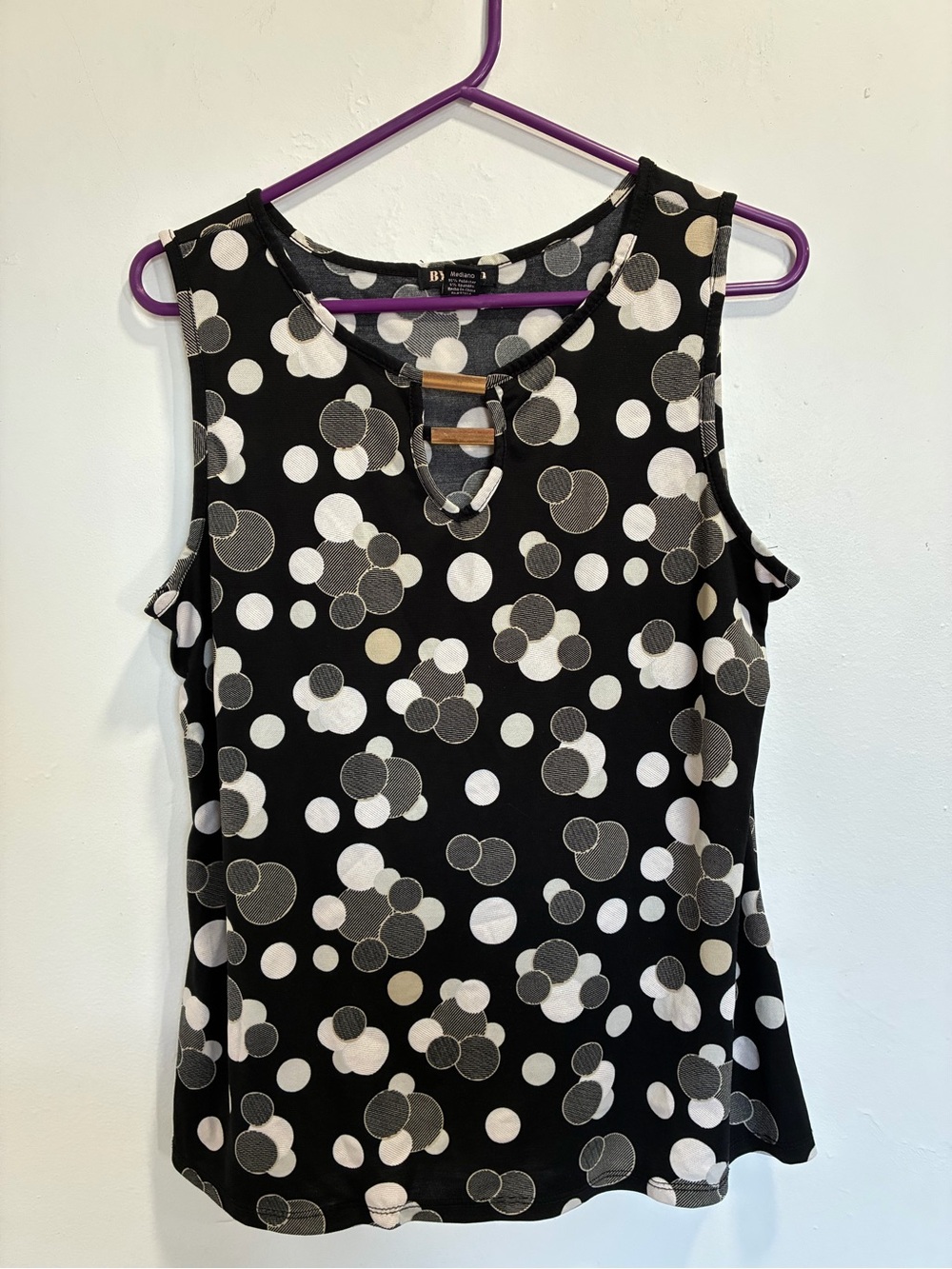Black grey & white polkadot blouse sleeveless top size M
